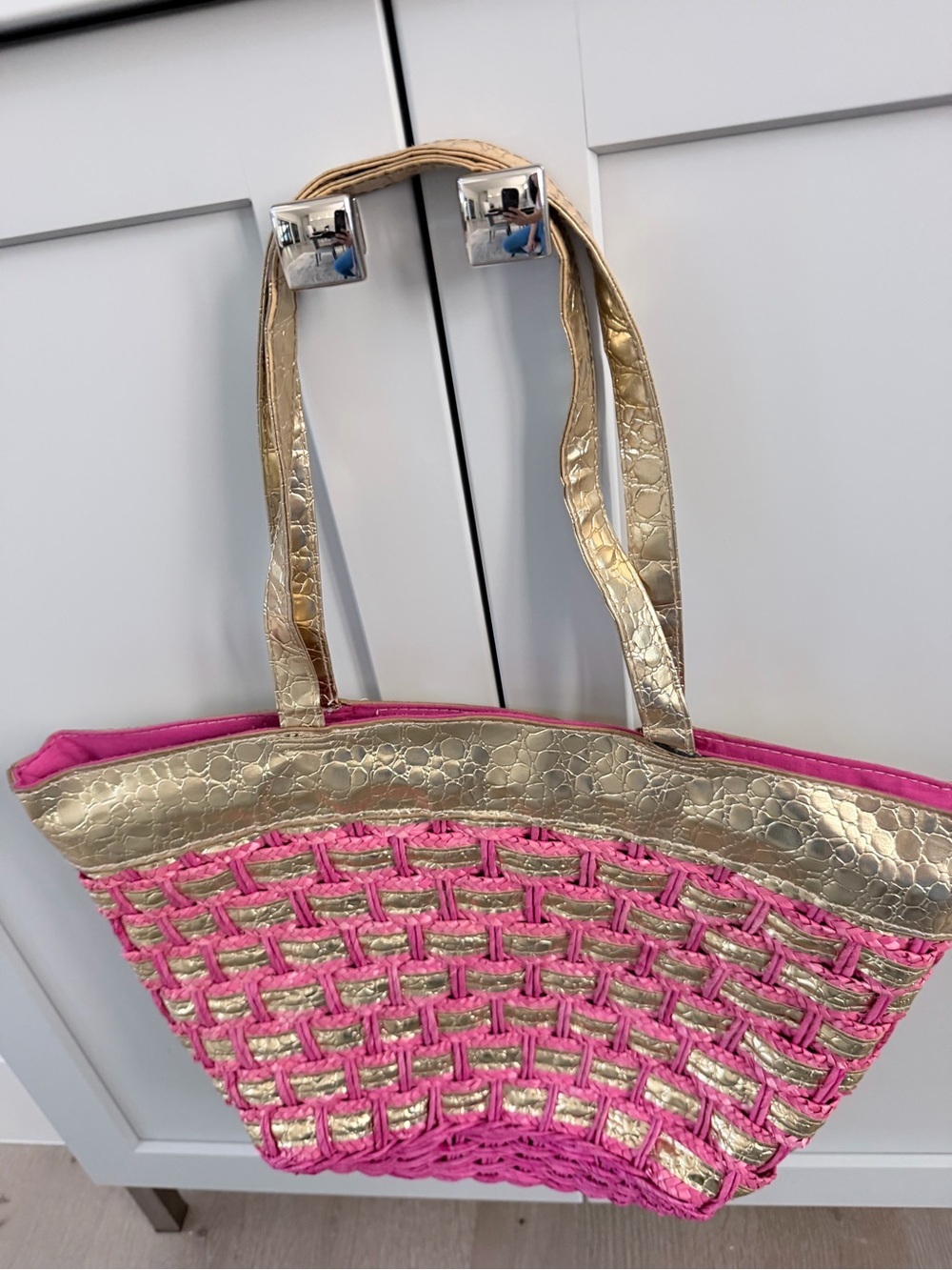 New Vintage Big Buddha Gold & Pink Woven Tote Bag Stylish Beach & Everyday Carry - Picture 3 of 8